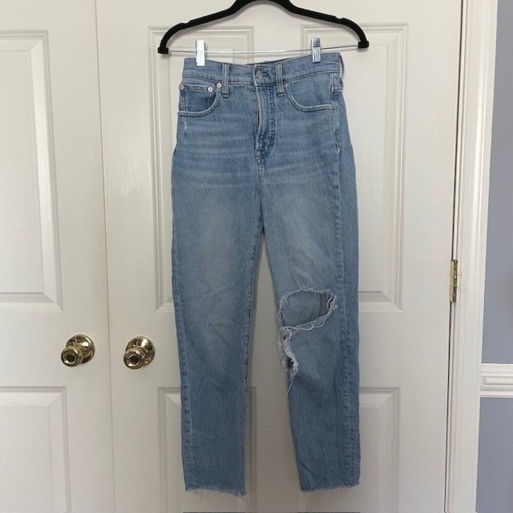 Madewell High Rise Straight Jeans Size 28 Raw Hem Distressed Knee Vintage Wash